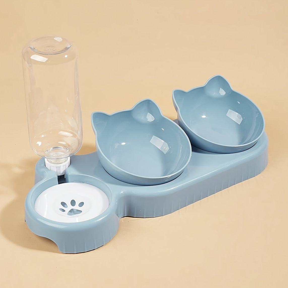 3-in-1 Anti-Tip Cat Feeding Station with Automatic Water Dispenser Elevated Bowls Blue Plastic