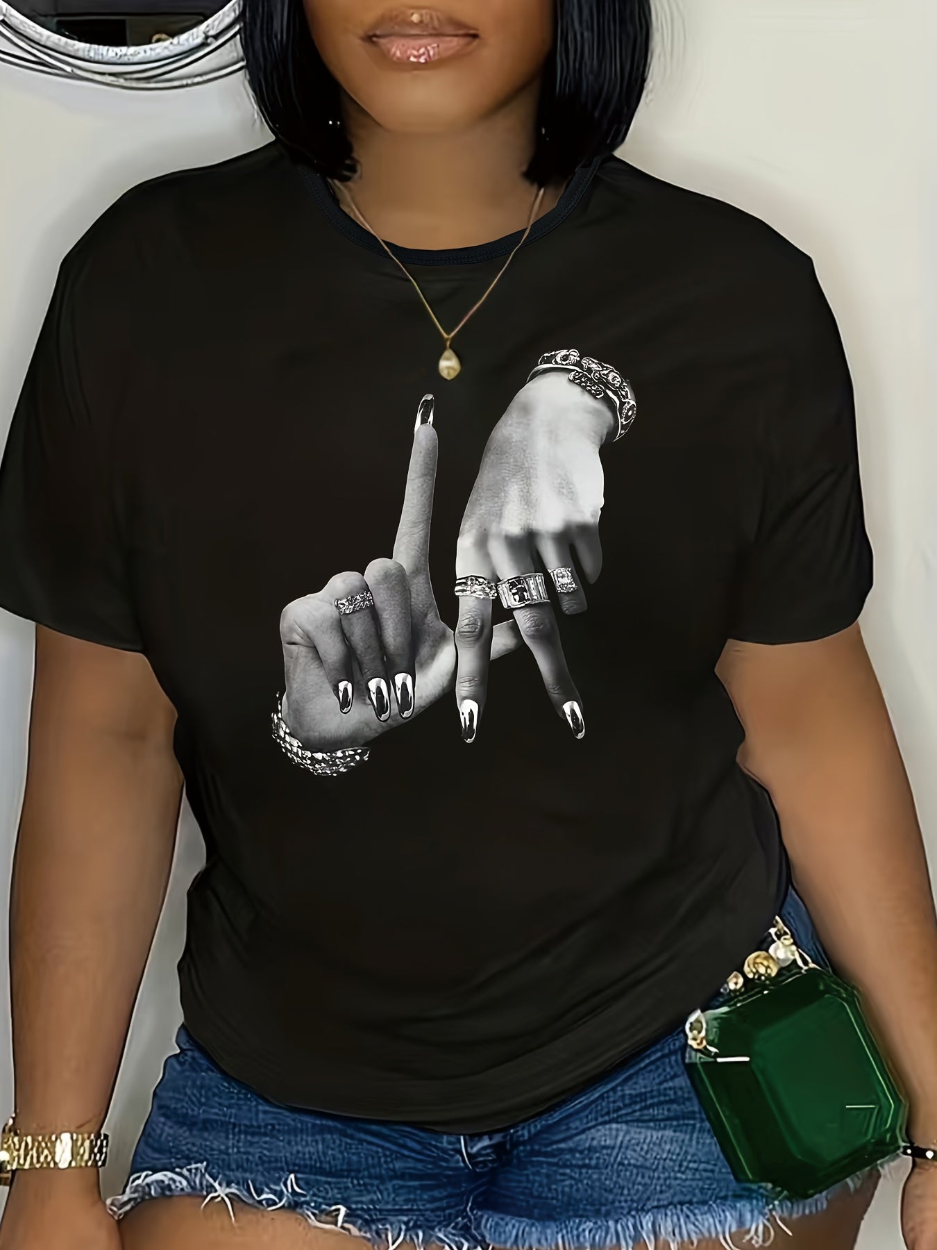 Women Plus Size Graphic Print Short Sleeve T-Shirt Black Casual Top Breathable Fabric