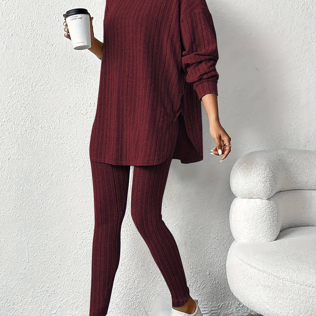 Women's Cozy Ribbed Fleece Lounge Set Hoodie and Leggings Fall Winter Polyester Blend