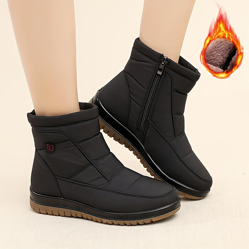 Women's Fleece-Lined Winter Boots - Black Slip-Resistant PU Sole Outdoor