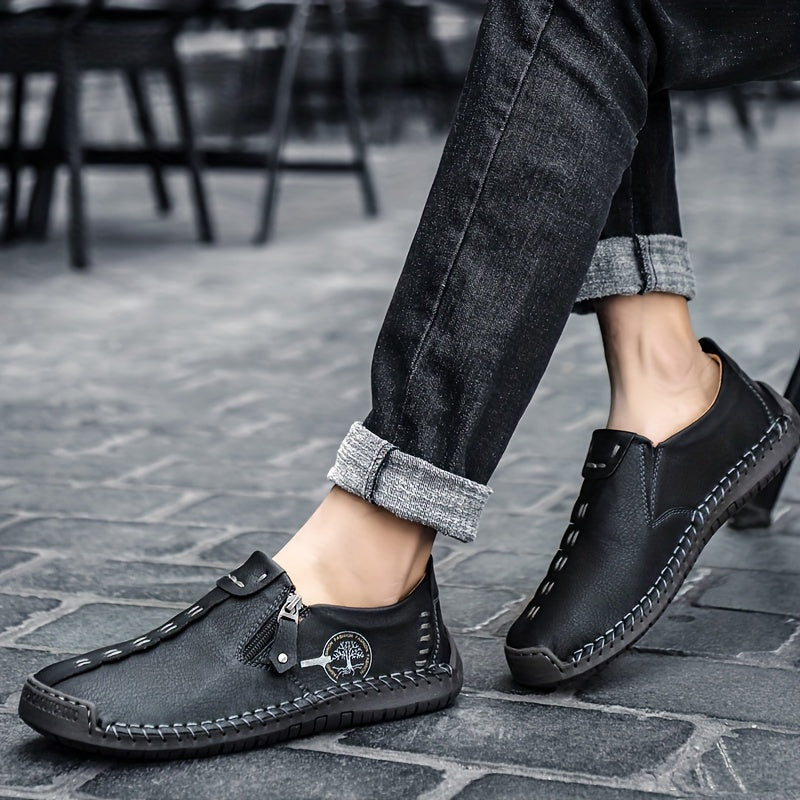 Men's Leather Zipper Loafers Slip-On Casual Shoes for Spring Summer Non-Slip Round Toe
