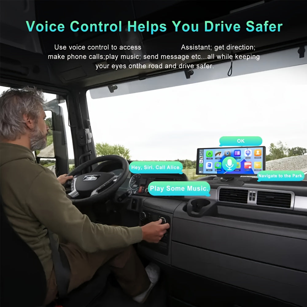 Monitor de coche portátil de 10.26 pulgadas con DVR y cámara trasera, compatible con Android Auto