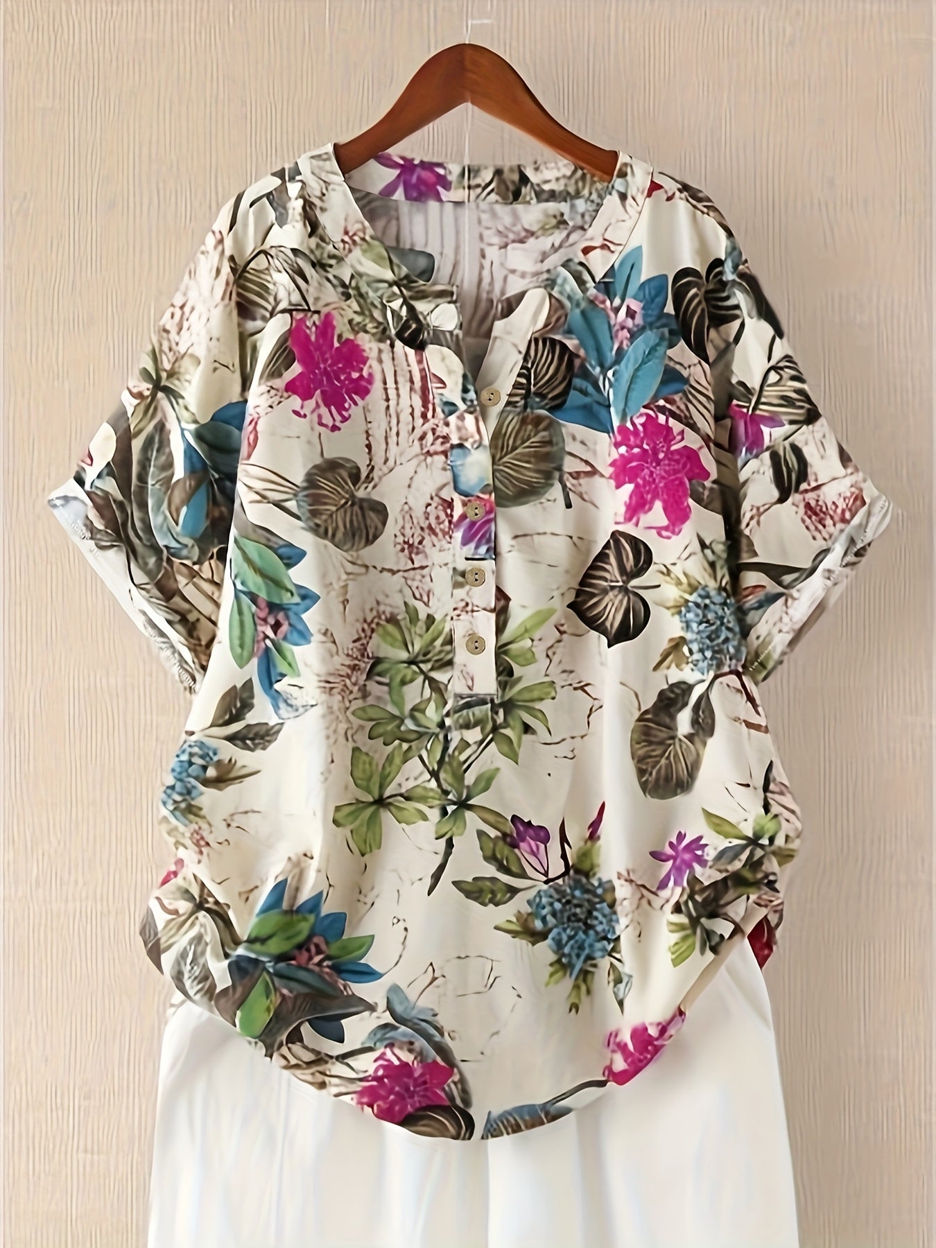 Plus Size Women's Floral Print Long Sleeve Blouse Casual Button-Up Multicolor