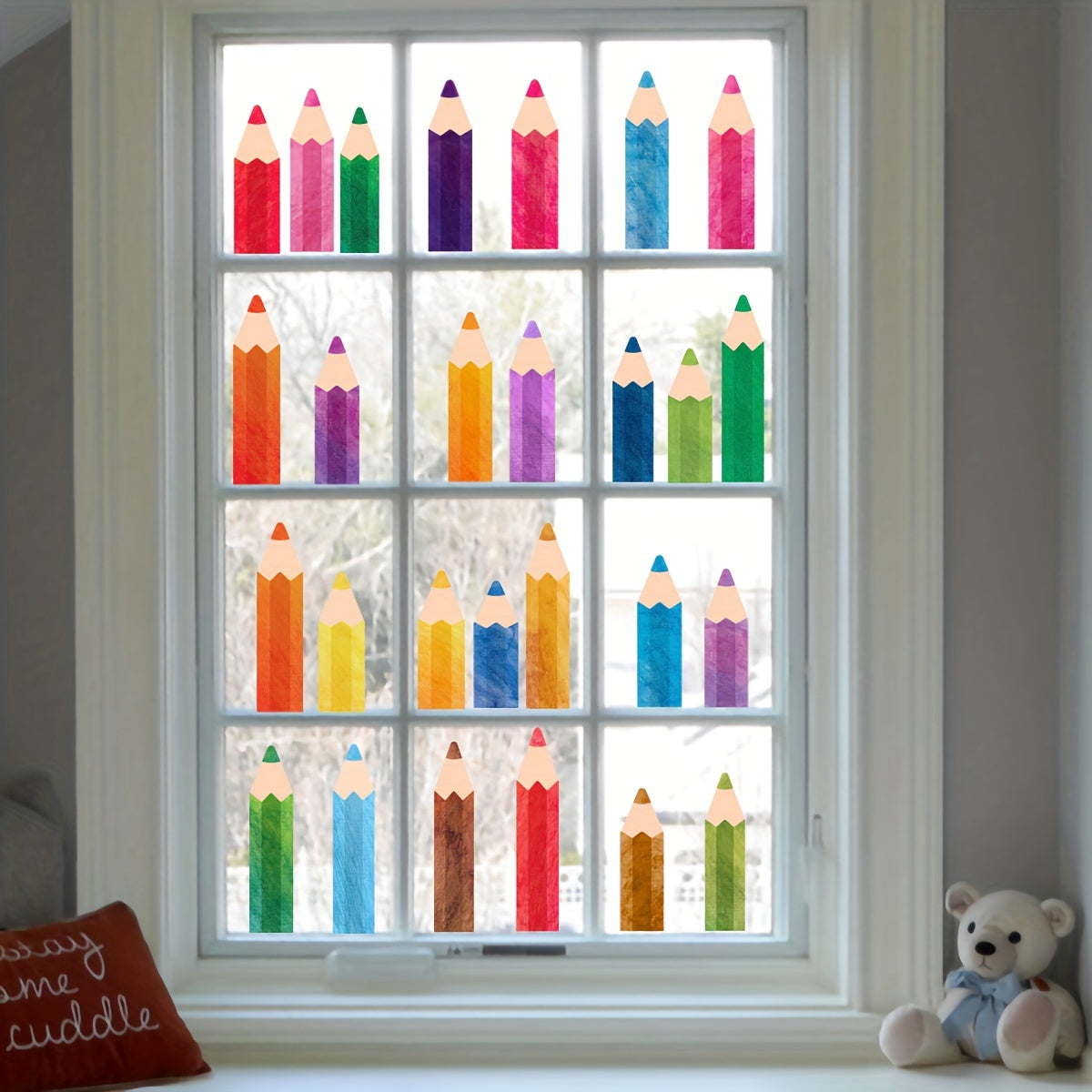 Pegatinas de lápices de acuarela para decoración de aulas, dormitorios, ventanas, reutilizables, vinilo, 27 piezas