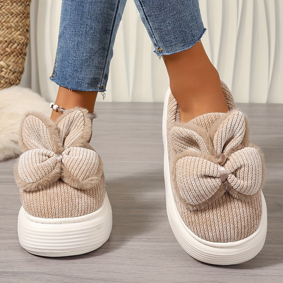 Women's Fleece-Lined Warm Slippers Non-Slip Indoor with Bows