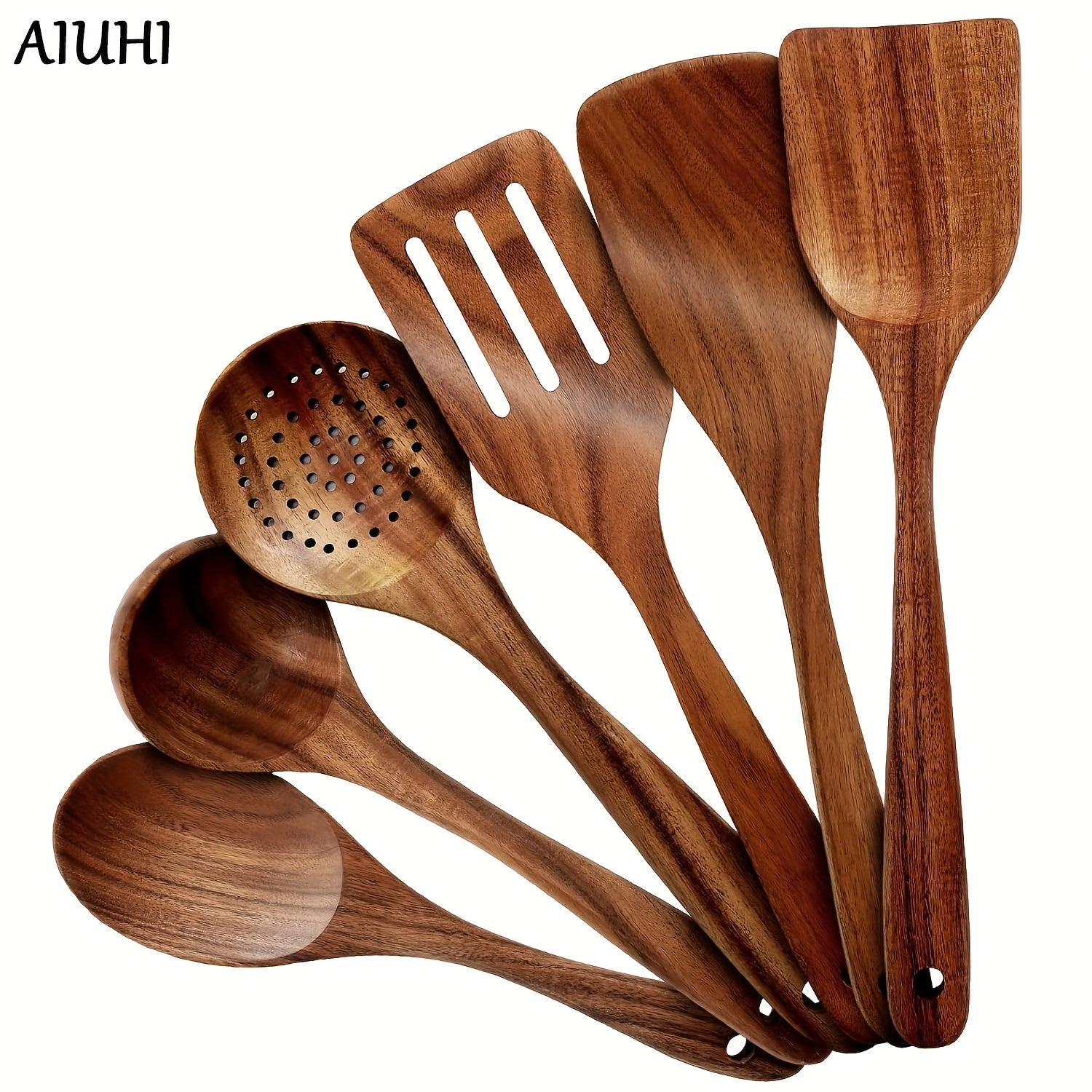Set of 6 Wooden Kitchen Utensils Non-Stick Heat-Resistant Spatulas Spoons