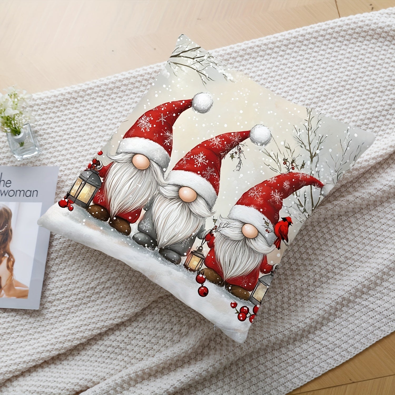 Christmas Gnome Pillowcase Soft Polyester 44.96cm x 44.96cm Snowy Landscape Red Berries Decor