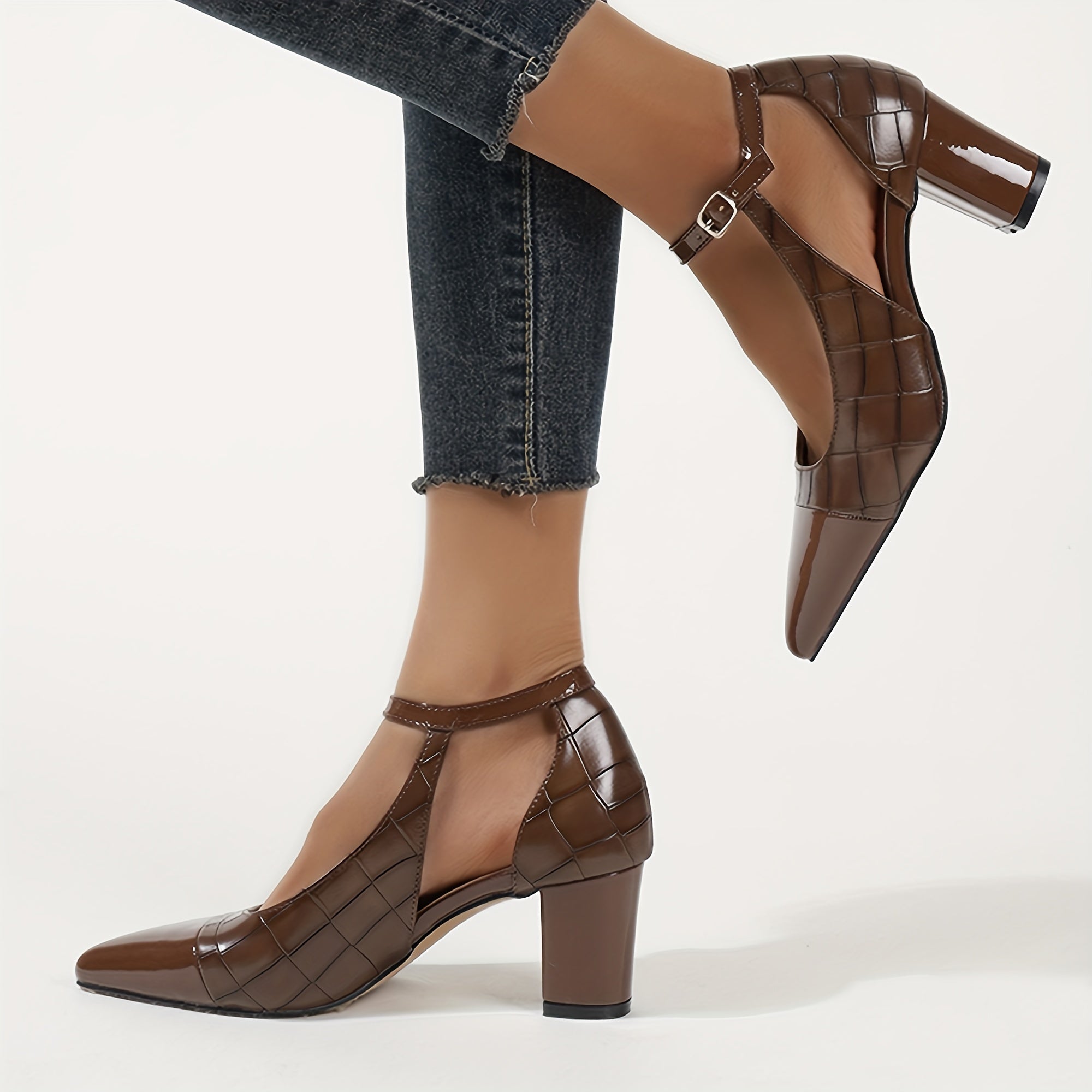 Women's Pointed Toe Chunky Heel Pumps with Ankle Strap Brown