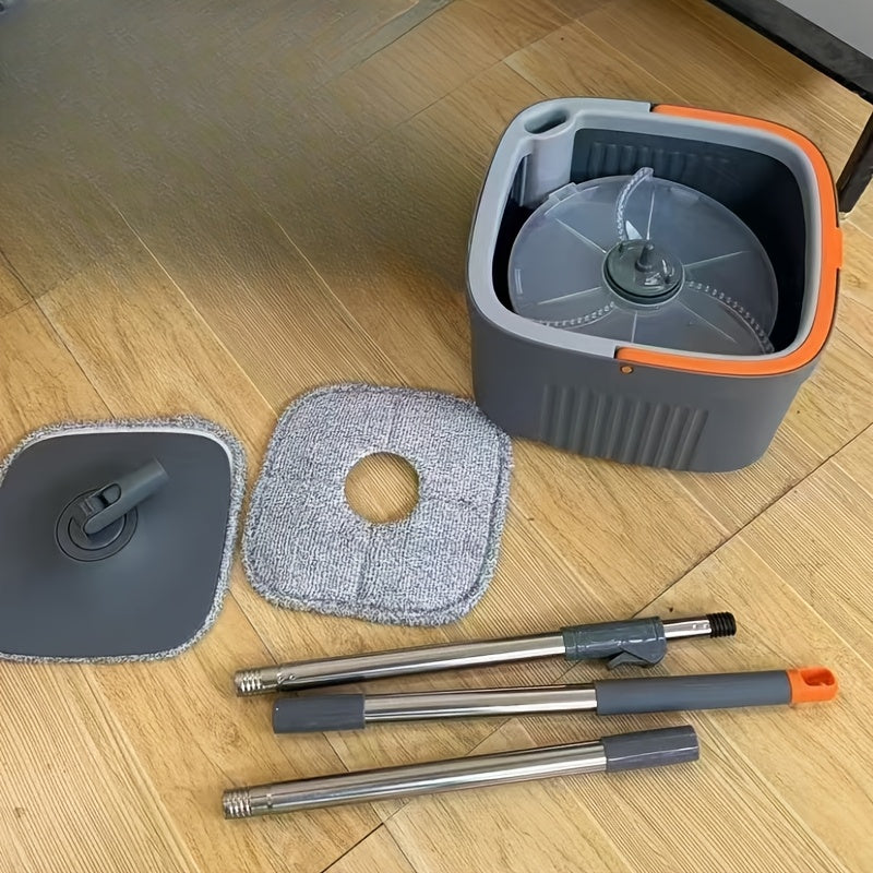 Uy mopi va chelak to'plami, 2 ta yuqori sifatli almashtiriladigan mop yostiqlari, innovatsion axlat tozalash suv tizimi va 360° aylanuvchi kvadrat mop boshli.