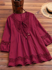 Top de encaje de mezcla de algodón para mujer, cuello redondo, liso, casual, primavera, otoño