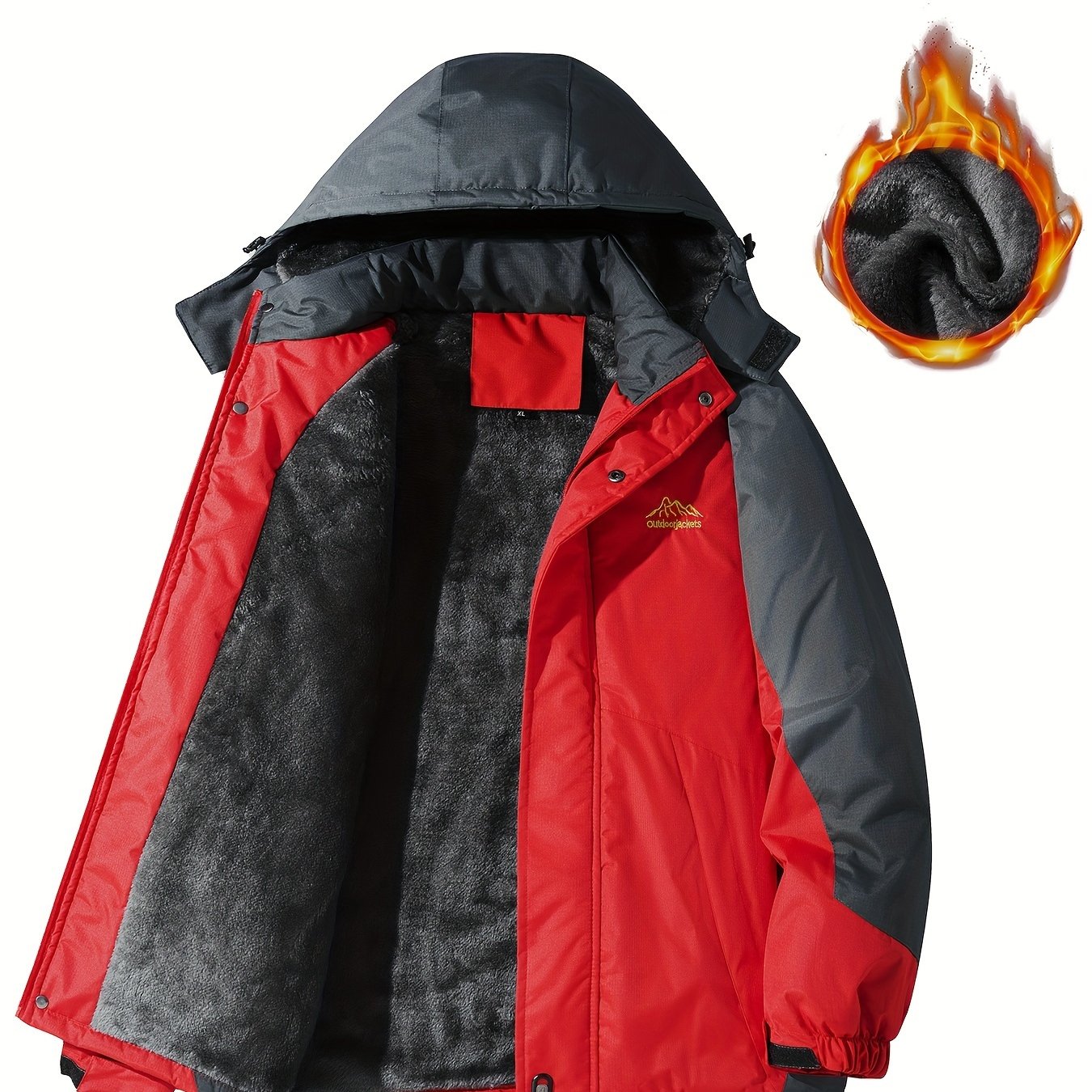 Men's Casual Color Block Hooded Windproof Fleece Jacket for Fall Winter