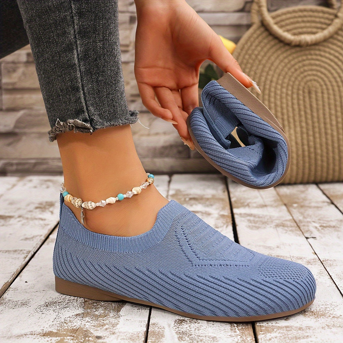 Women's Knit Slip-On Flats Casual Round Toe Mary Jane Shoes Gray Fabric