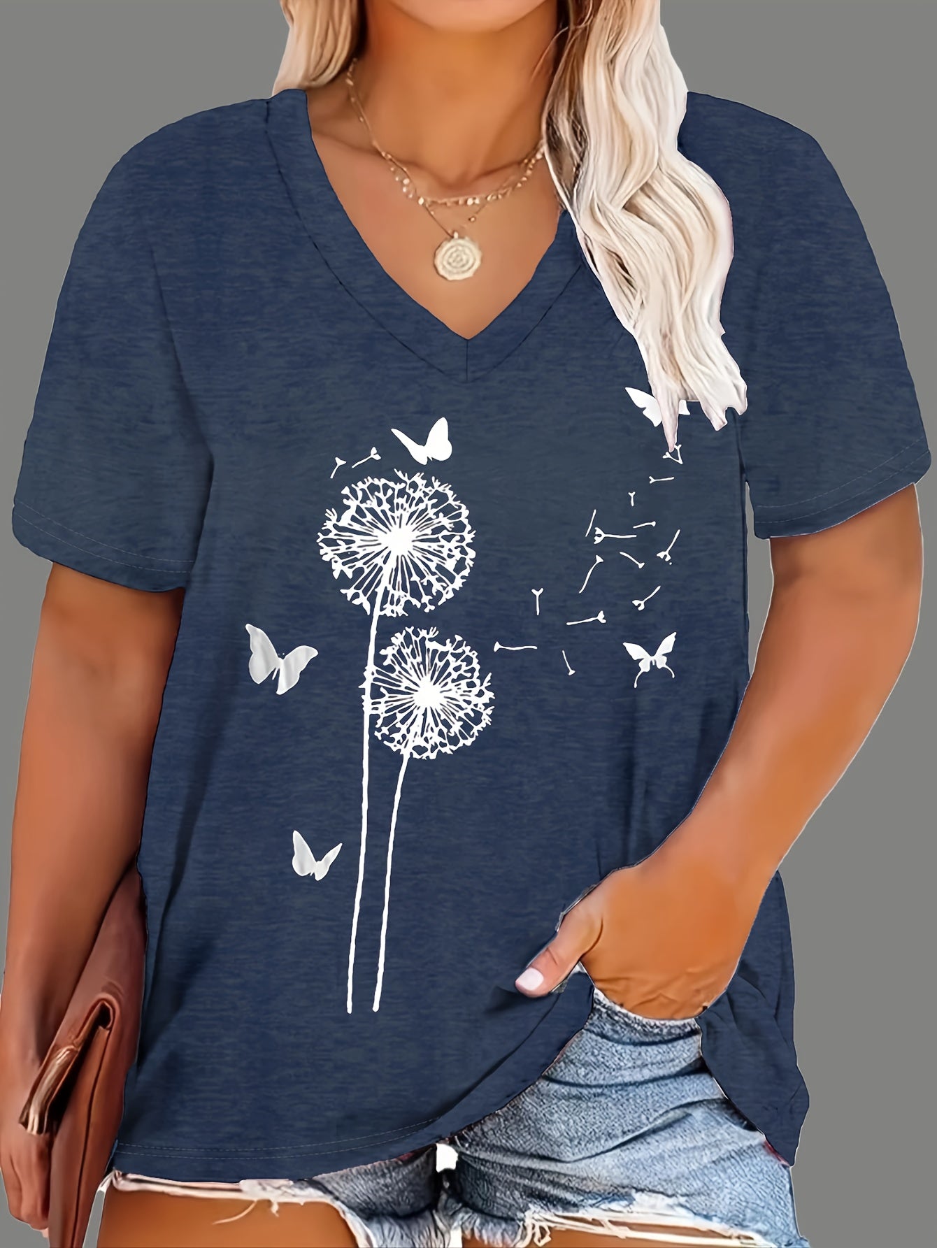 Women's Dandelion Flower Print T-Shirt Large Size Casual Cotton Tee