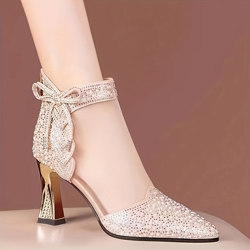 Стильные сетчатые ankle boots для женщин с заостренным носком, деталями в виде банта из страз, массивным каблуком, вырезным дизайном и задней молнией.