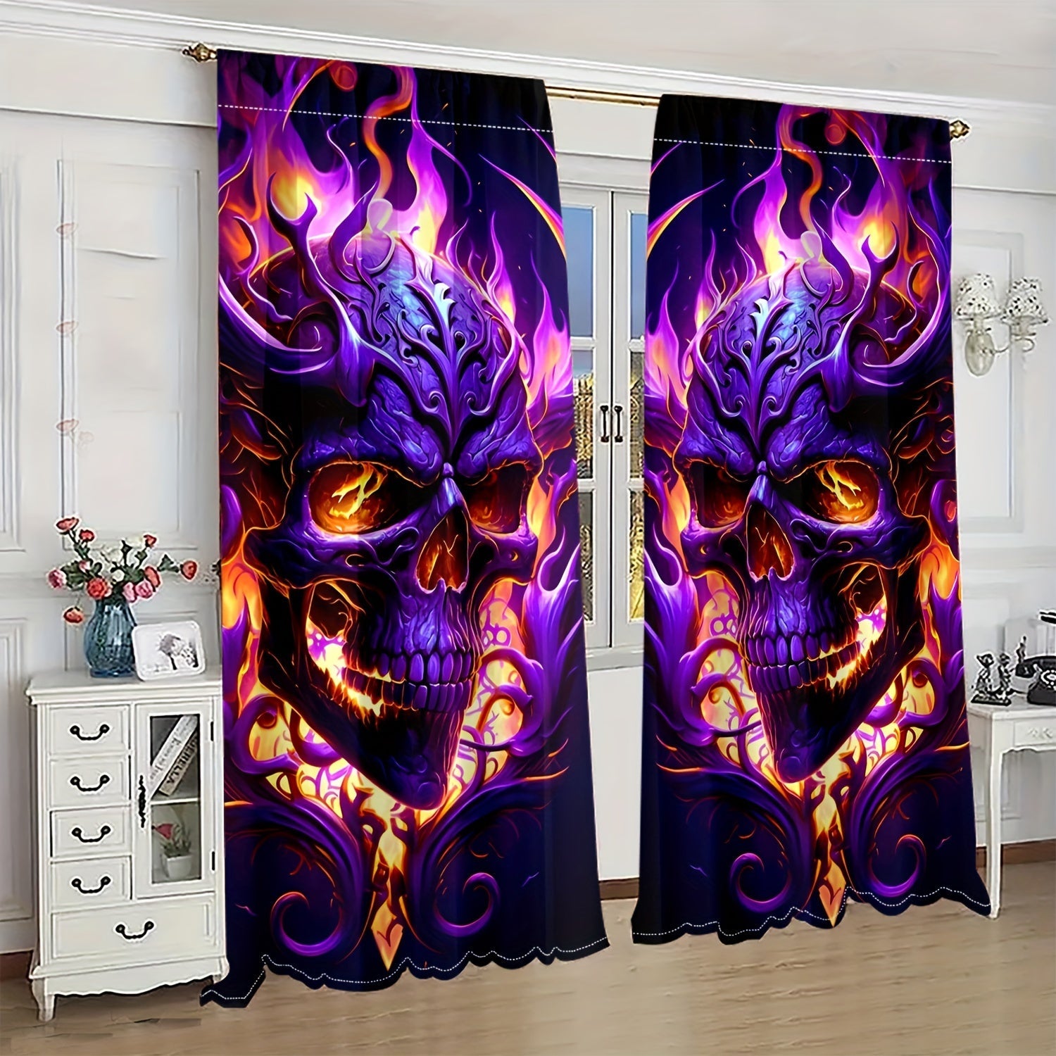 Semi-Transparent Halloween Skull and Butterfly Chrysanthemum Curtains Set of 2 Privacy Drapes for Living Room Bedroom