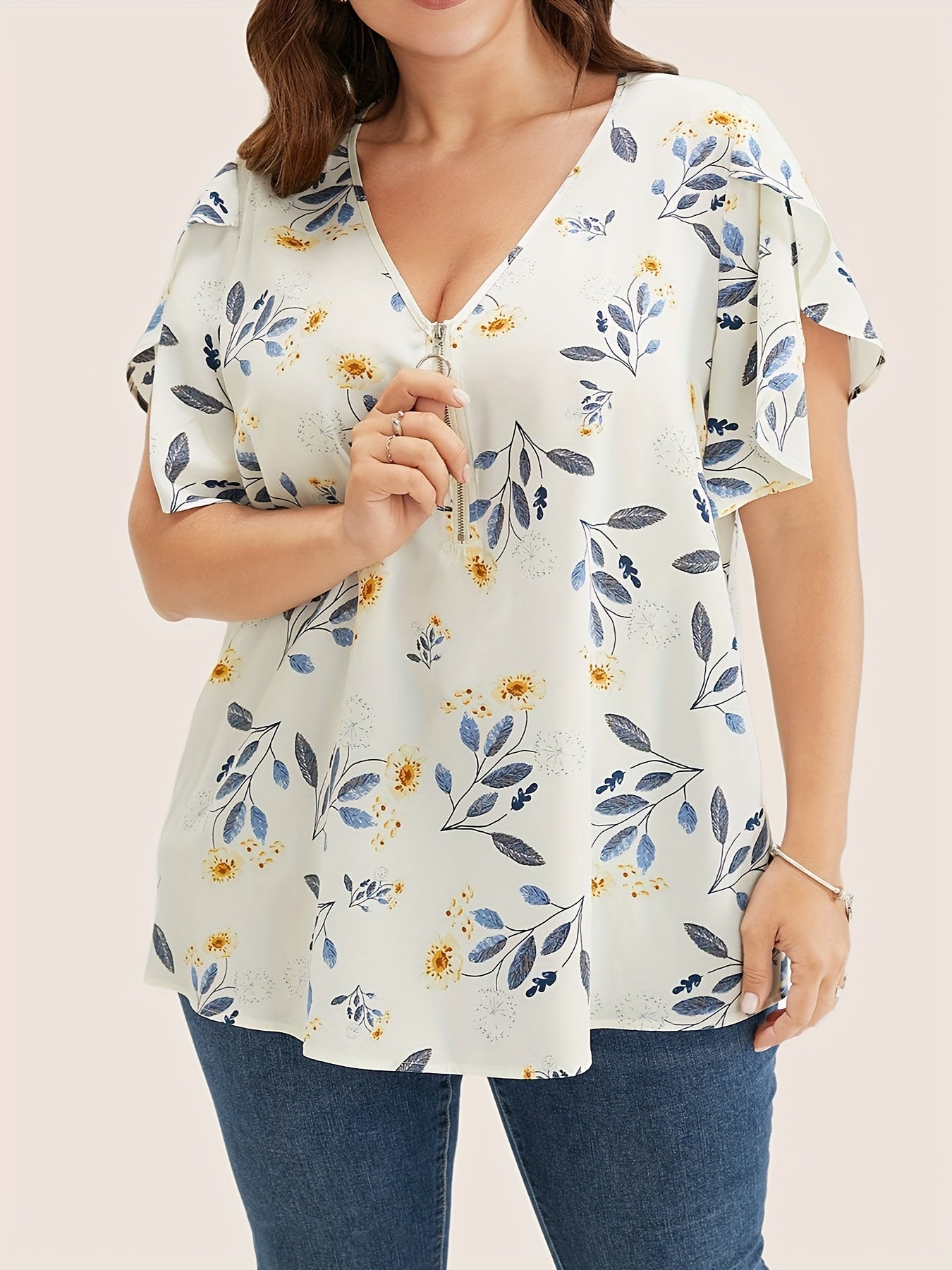 Plus Size Floral Print Blouse Casual V Neck Petal Sleeve Spring Women