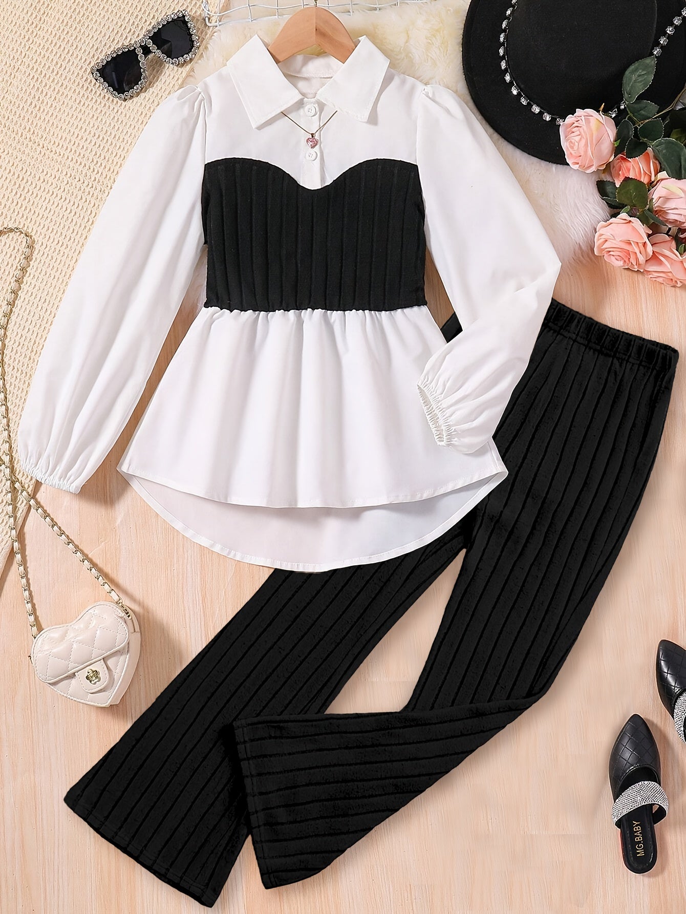 Girls' Casual Set Long Sleeve Top and Pants Black White Color Block Polyester Spring Fall