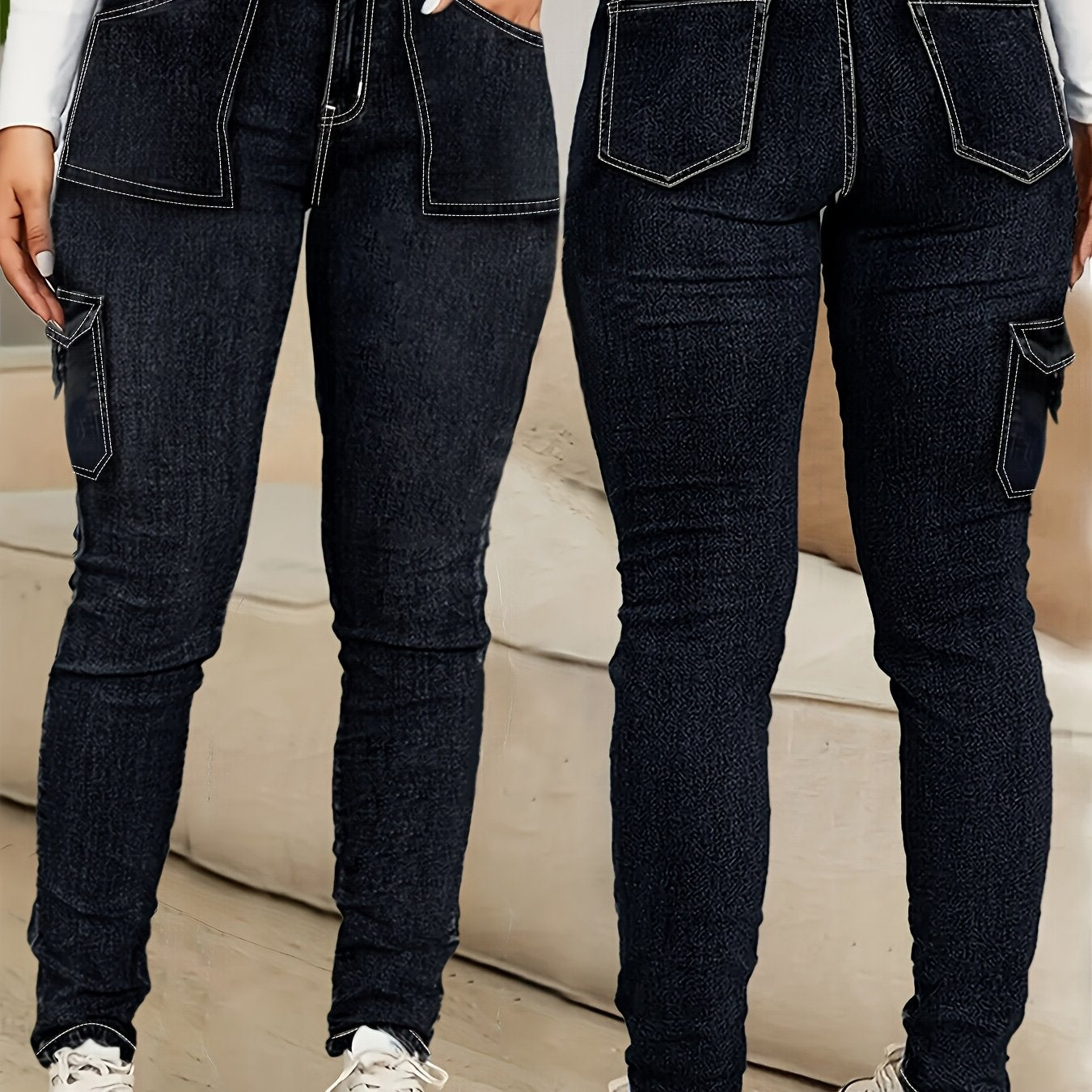 Women's Plus Size High-Waisted Skinny Jeans Dark Navy All-Season Stretch Casual Pants