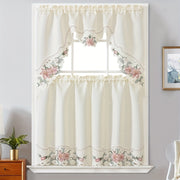 3-Piece Beige Floral Embroidered Polyester Window Curtains for Bedroom Living Room Kitchen
