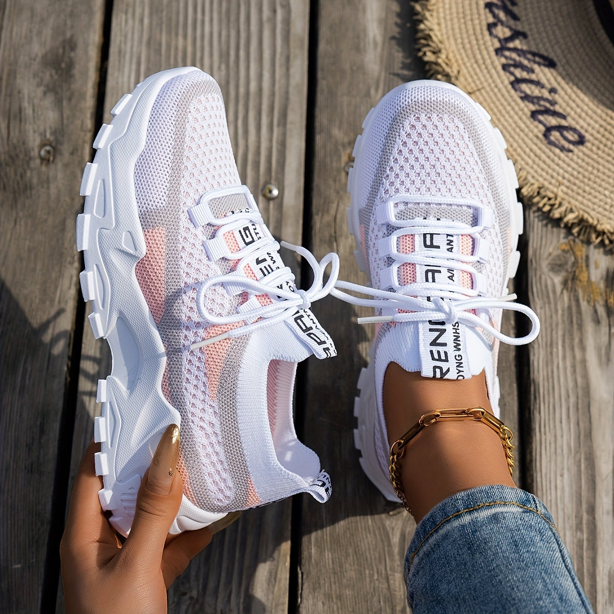 Women's Slip-On Sneakers with Height Boost Breathable Mesh White Pink