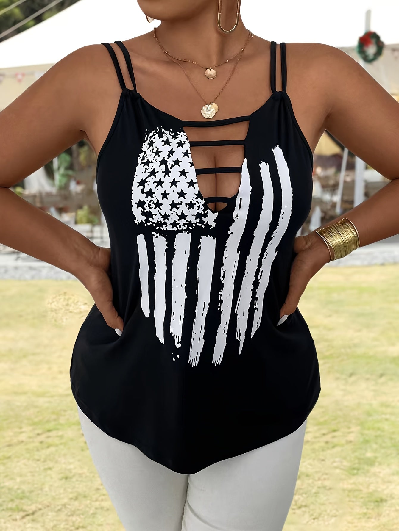 Plus Size Women's V-Neck Cutout Tank Top Breathable Summer Spaghetti Strap