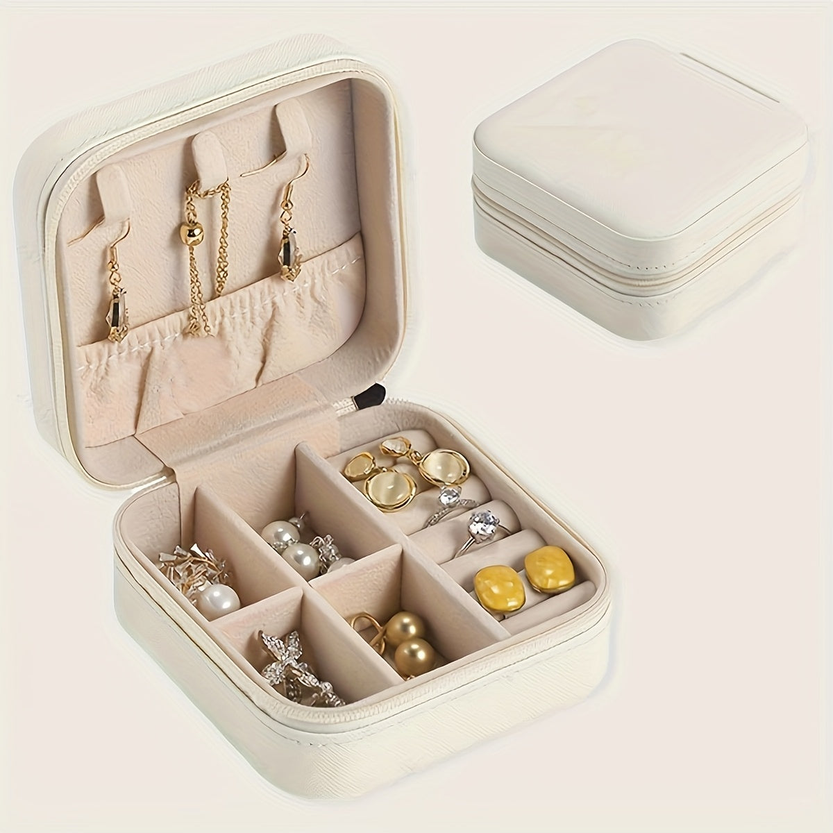 Leather Jewelry Organizer Box with Ring Roll and Necklace Hook for Travel
