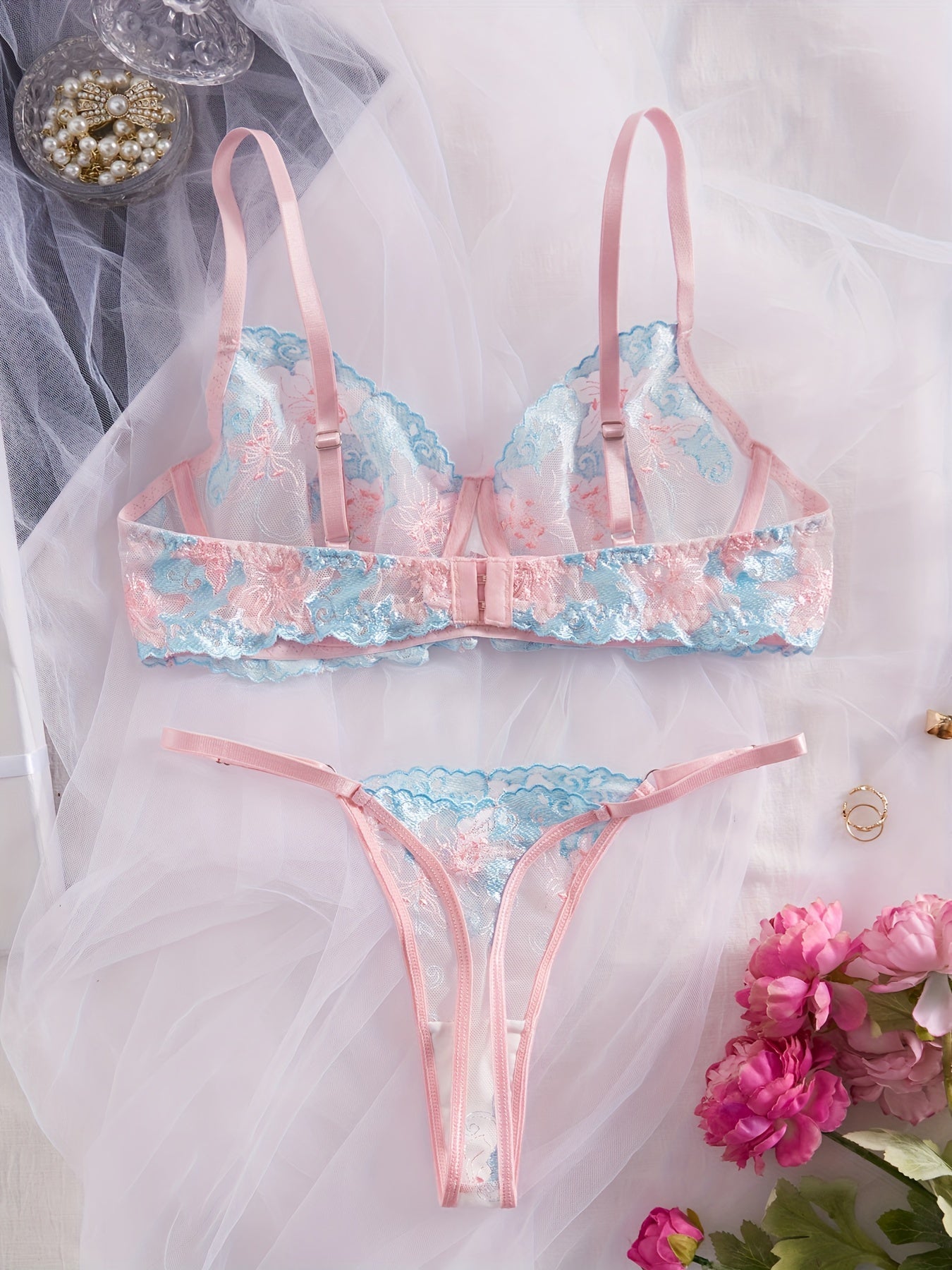 Women's Floral Lace Lingerie Set Bra and Thong Sexy Intimates Underwear