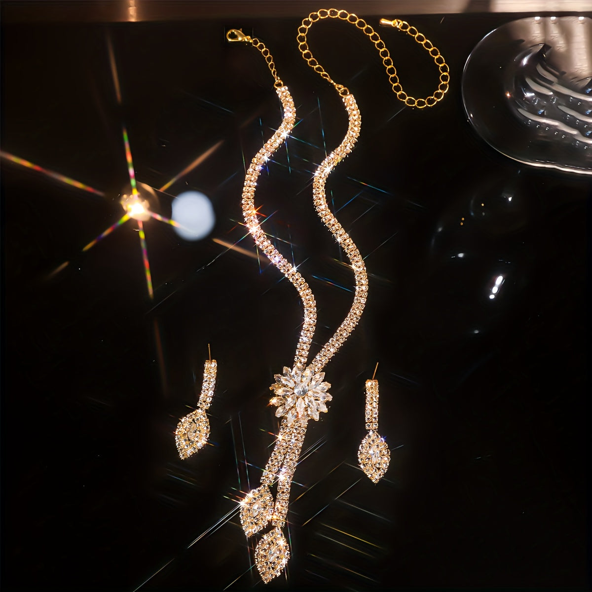 Imitation Zirconia Flower Jewelry Set Necklace Earrings Bracelet for Bridal or Special Occasion