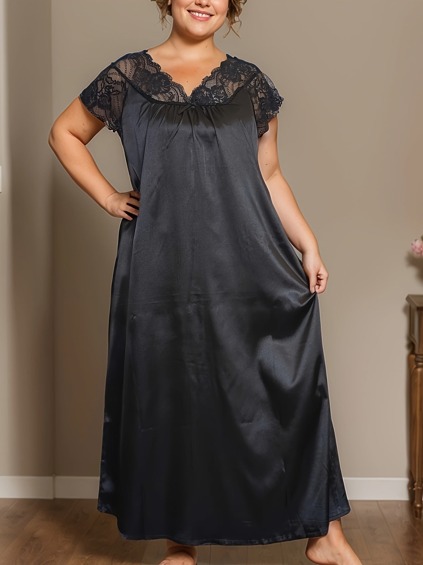Plus Size Black Lace Trim V-Neck Nightdress for Sleep and Lounge