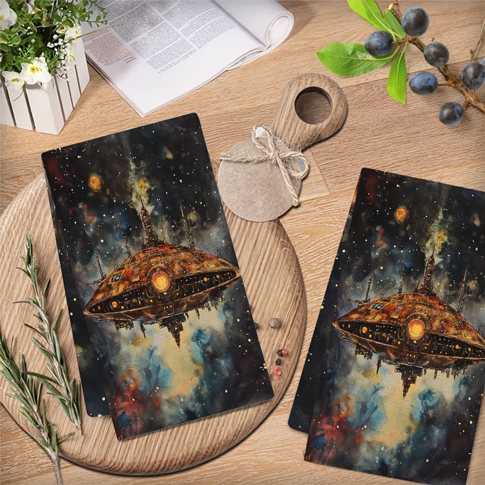Set of 2 Coastal Spaceship Kitchen Towels 40x60cm Absorbent Polyester