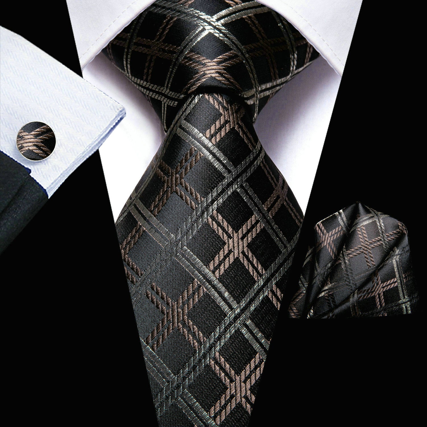 Men's Plaid Necktie Set with Hanky and Cufflinks for Weddings Business and Parties