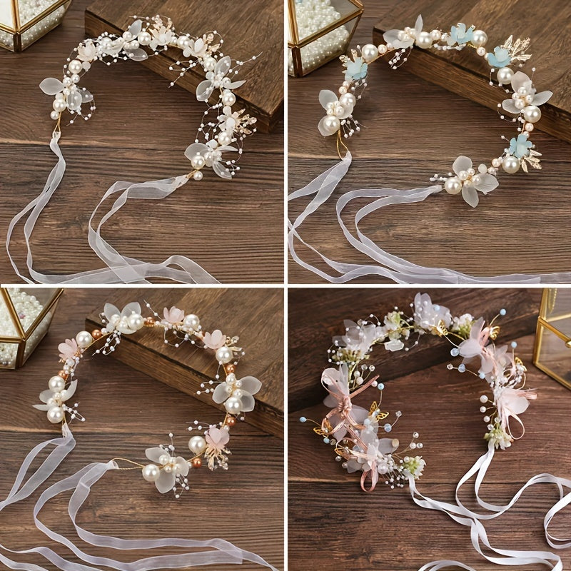 Women's Floral Headband with Rhinestones and Pearls for Weddings and Prom Dresses