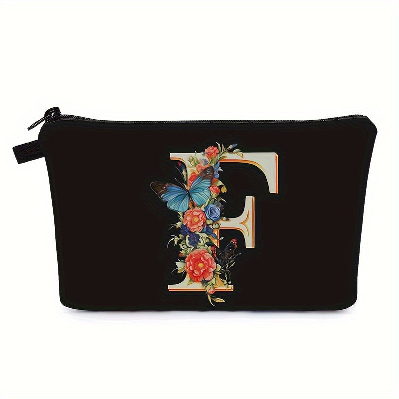 Bolsa de maquillaje negra para mujer con patrón de mariposas y flores para organizar los esenciales de belleza