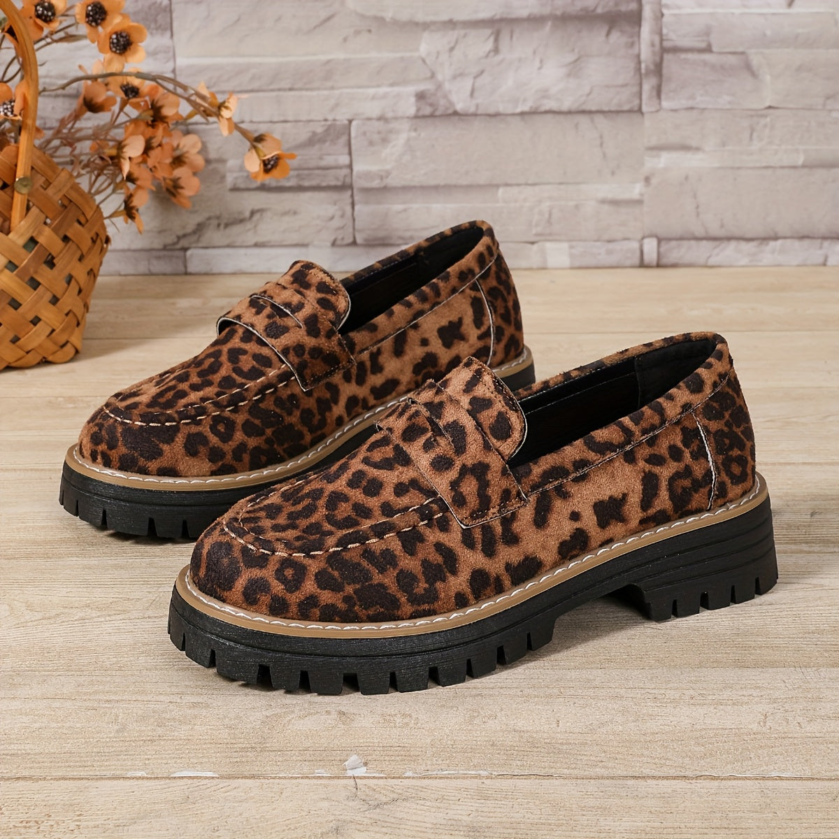 Women's Leopard Print Platform Loafers Wide Fit Casual Flat Shoes