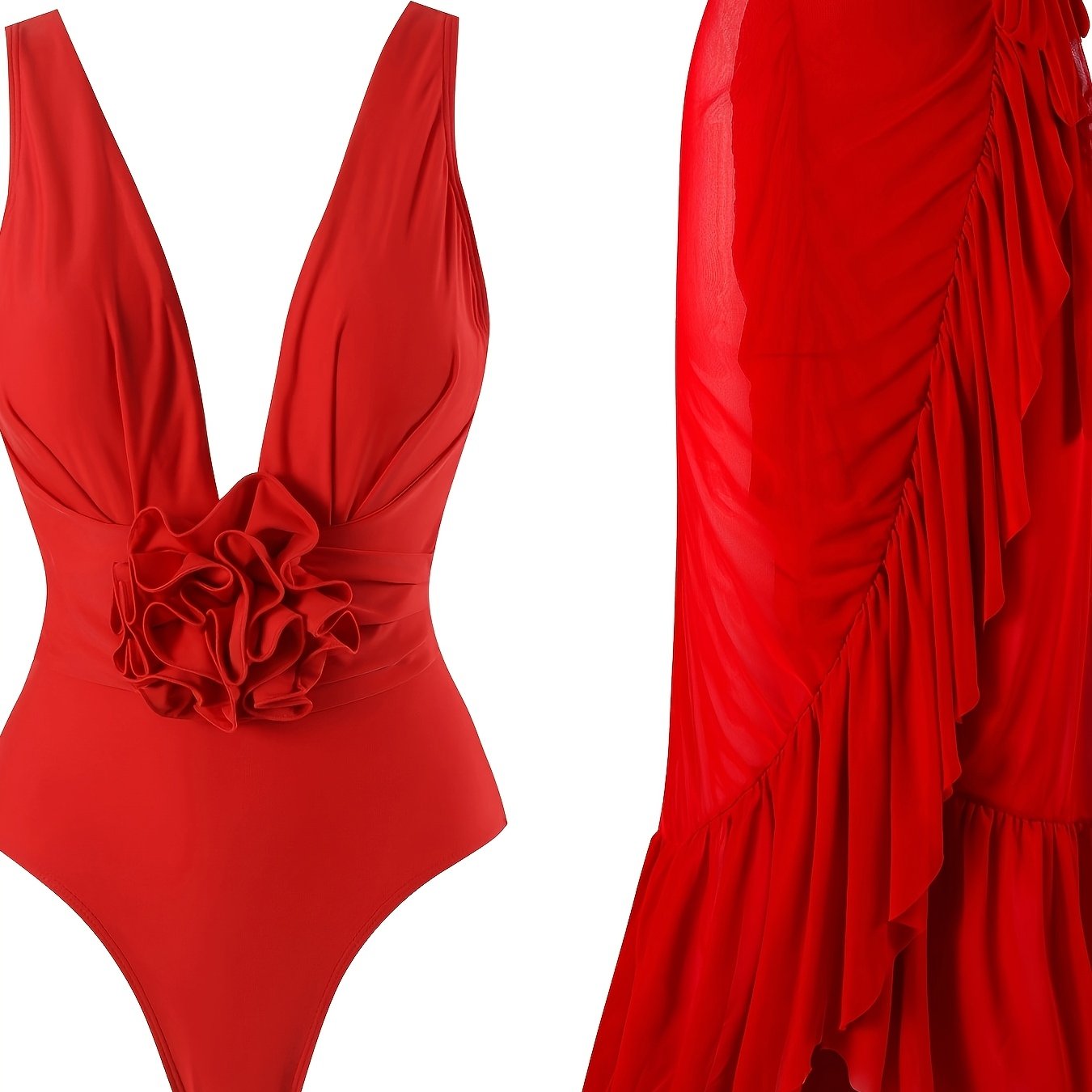 Women's Retro-Inspired Swimsuit Set with Removable Padding and Floral Cover-Up