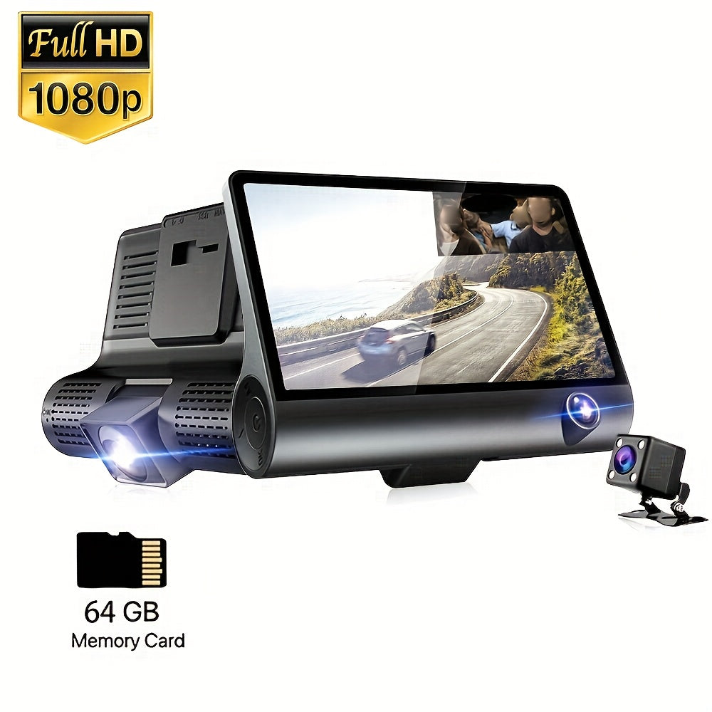 HD 3-Lens Dash Cam Night Vision Loop Recording Reversible Image Front Interior Rear View