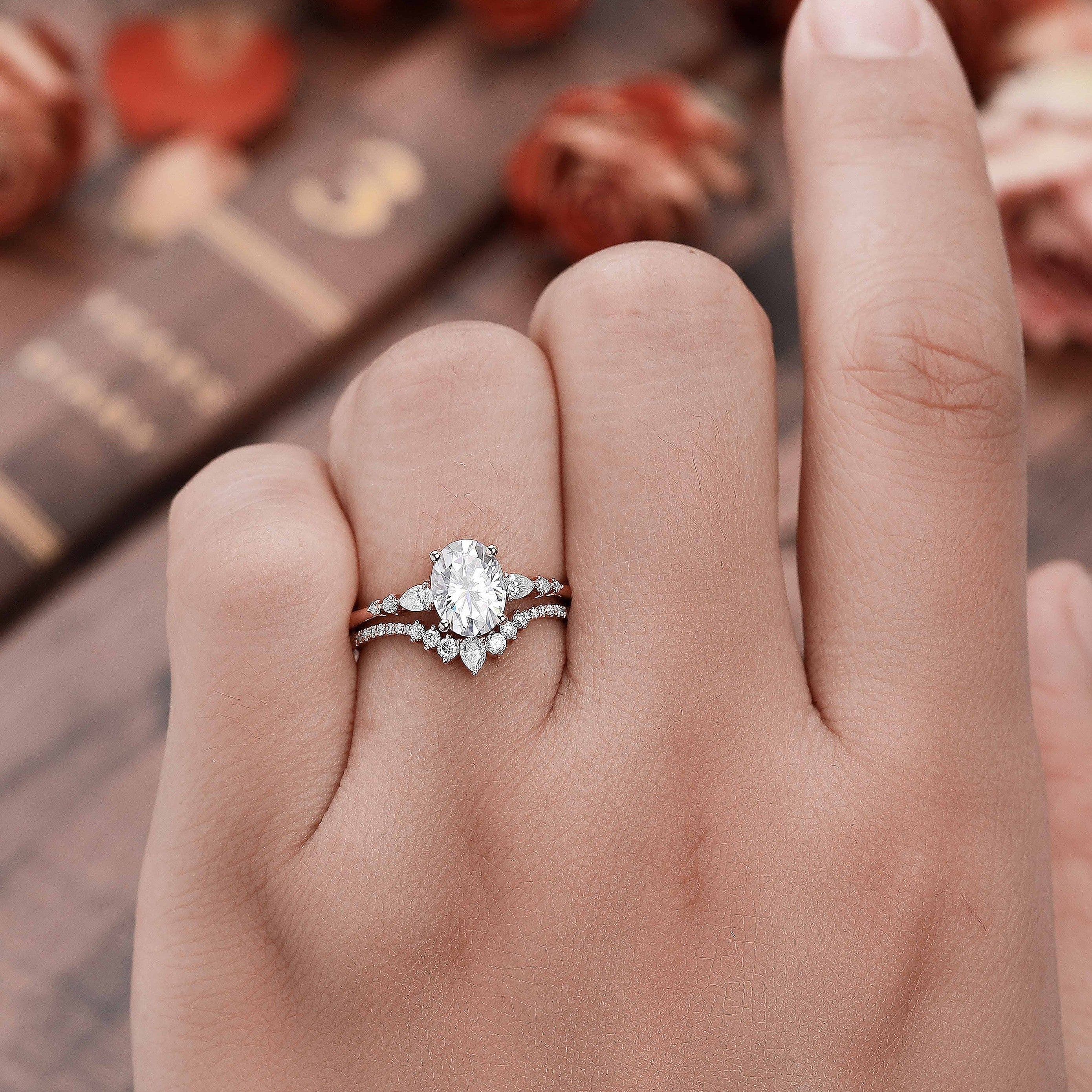 Elegant Egg-Shaped Engagement Rings for Women with Oval Cubic Zirconia Center and Teardrop Accents