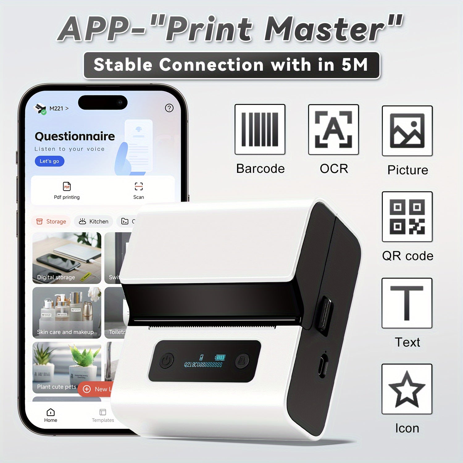 Portable Thermal Label Printer 7.62cm USB Barcode Label Maker for Small Business and Office