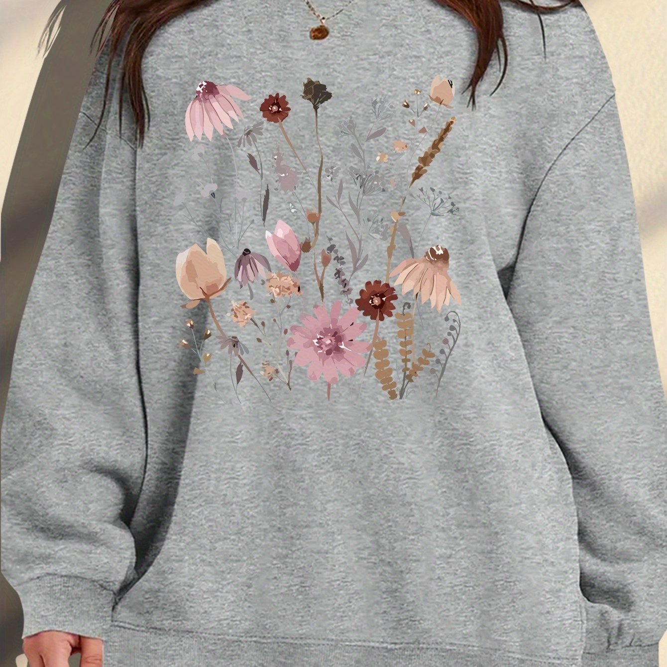 Women's Plus Size Floral Print Sweatshirt Cozy Maroon Pullover Autumn Wear