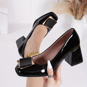 Women's Black Synthetic Square Toe Pumps with Metallic Accents and Chunky Heel