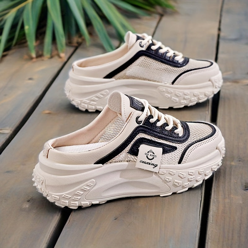 Women’s Summer Casual Sneakers with Cushioned Sole Breathable Mesh Black Khaki White