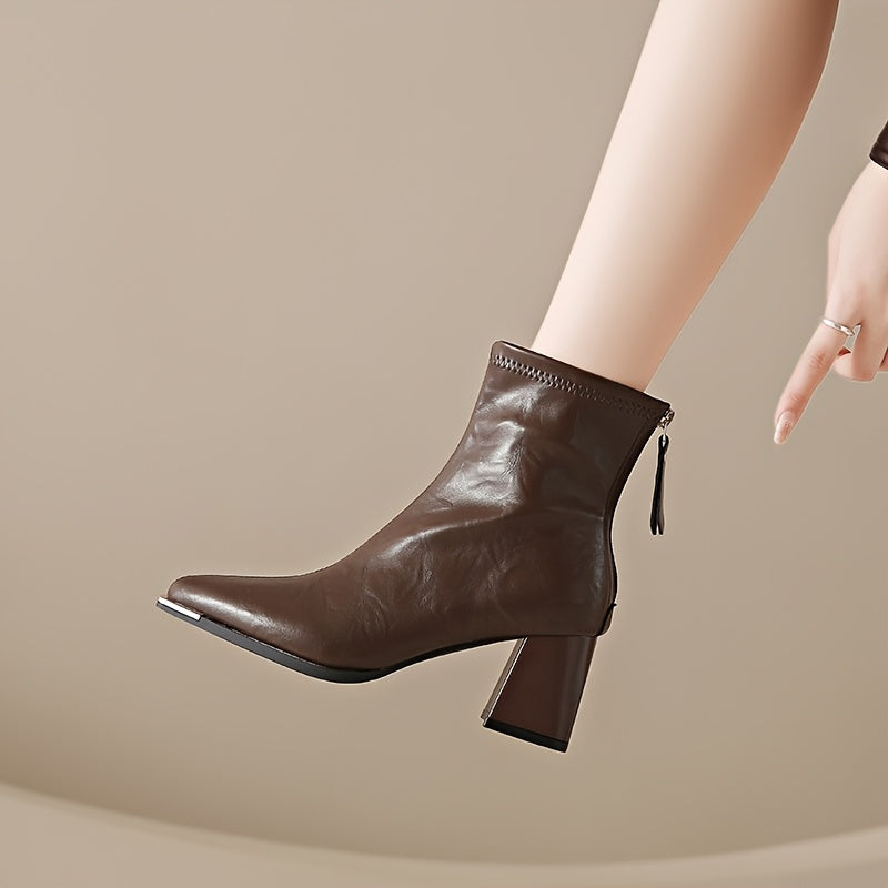 Women Mid-Calf Square Toe Boots Black Beige Brown Zipper Rubber Sole