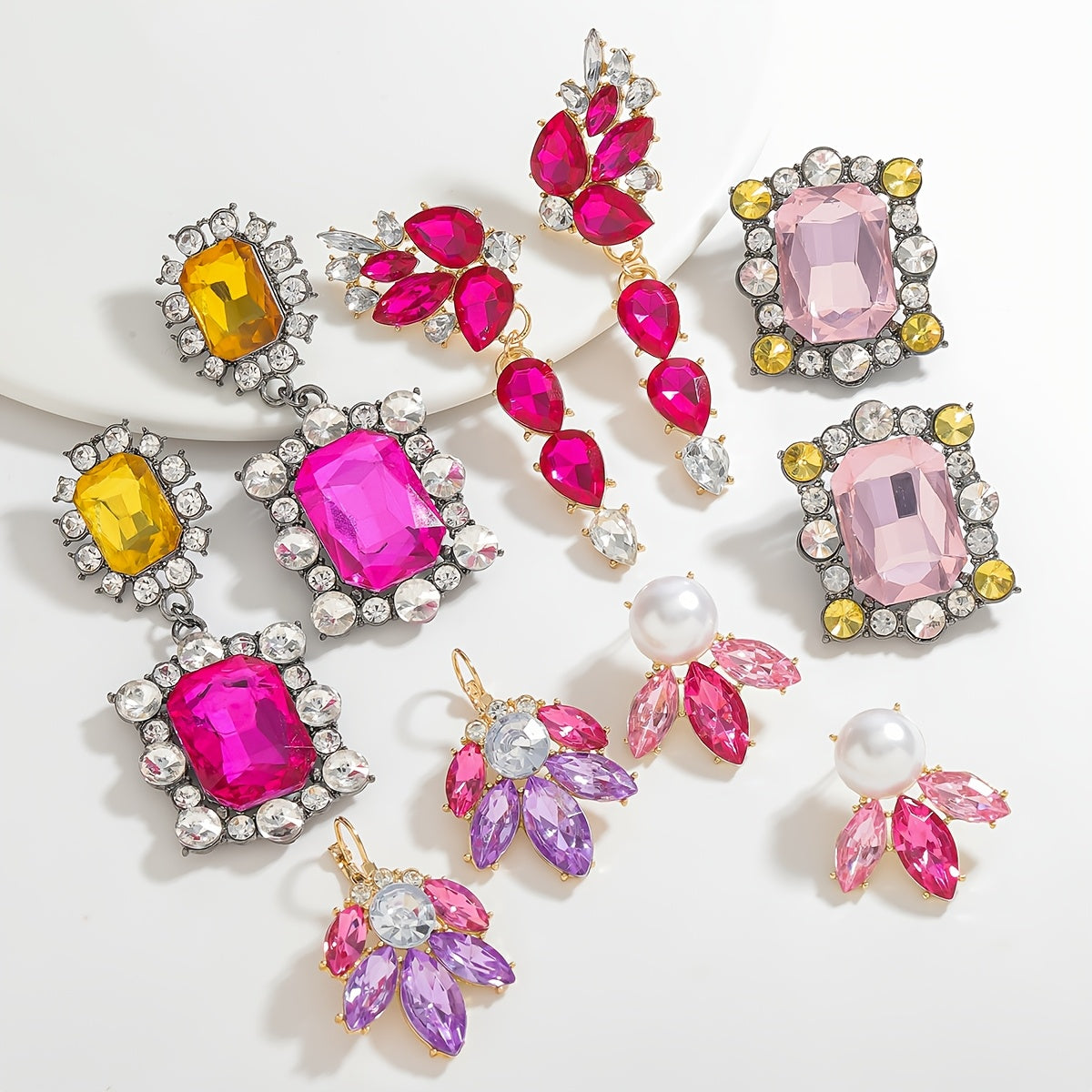 Pink Rhinestone Dangle Earrings Irregular Square Teardrop Alloy Stainless Steel Jewelry