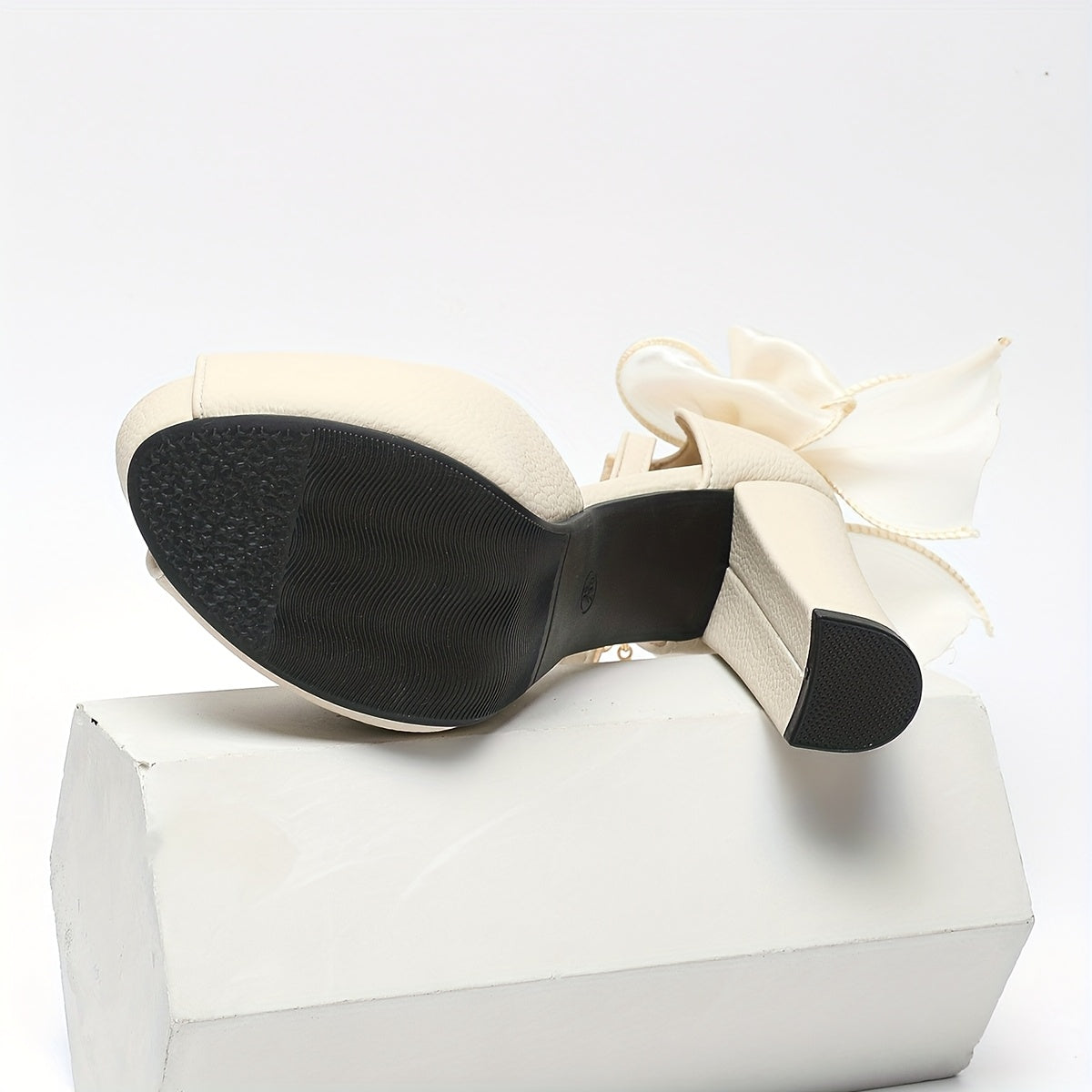 Women's Beige PVC Block Heel Shoes with Butterfly Bow Formal Pumps
