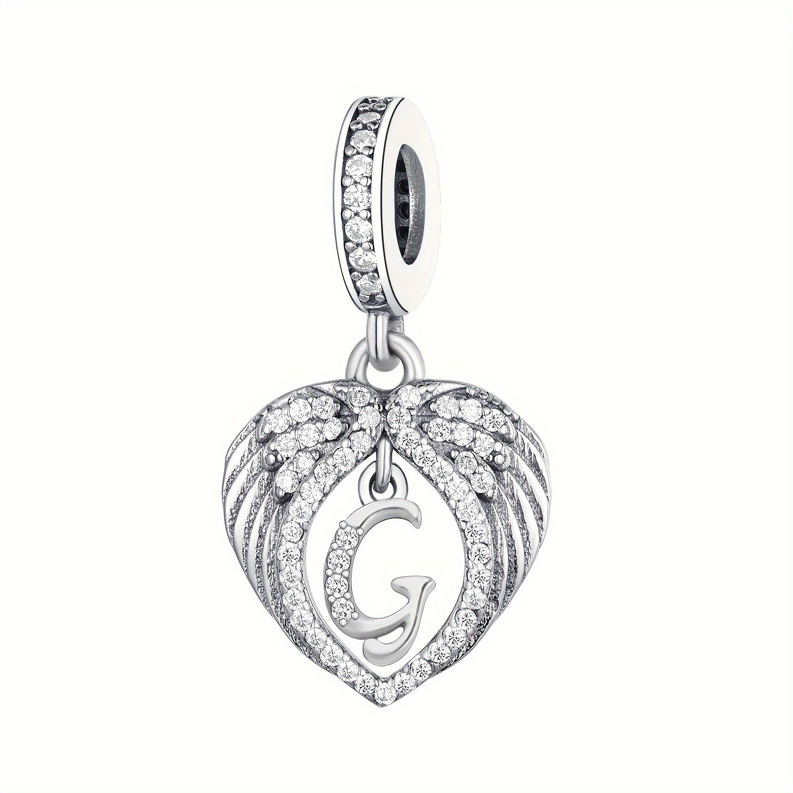 Sterling Silver Heart-Shaped Wing Pendant with Zircon Letter for DIY Jewelry