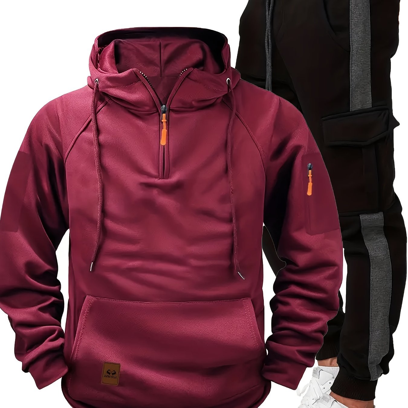 Erkaklar kuz/qish tasodifiy sport kiyimlari to'plami: Kapüşonli fermuarlı kurtka va tortma belli sport shimlari, polyester, tashqi faoliyatlar uchun odatdagi moslik.