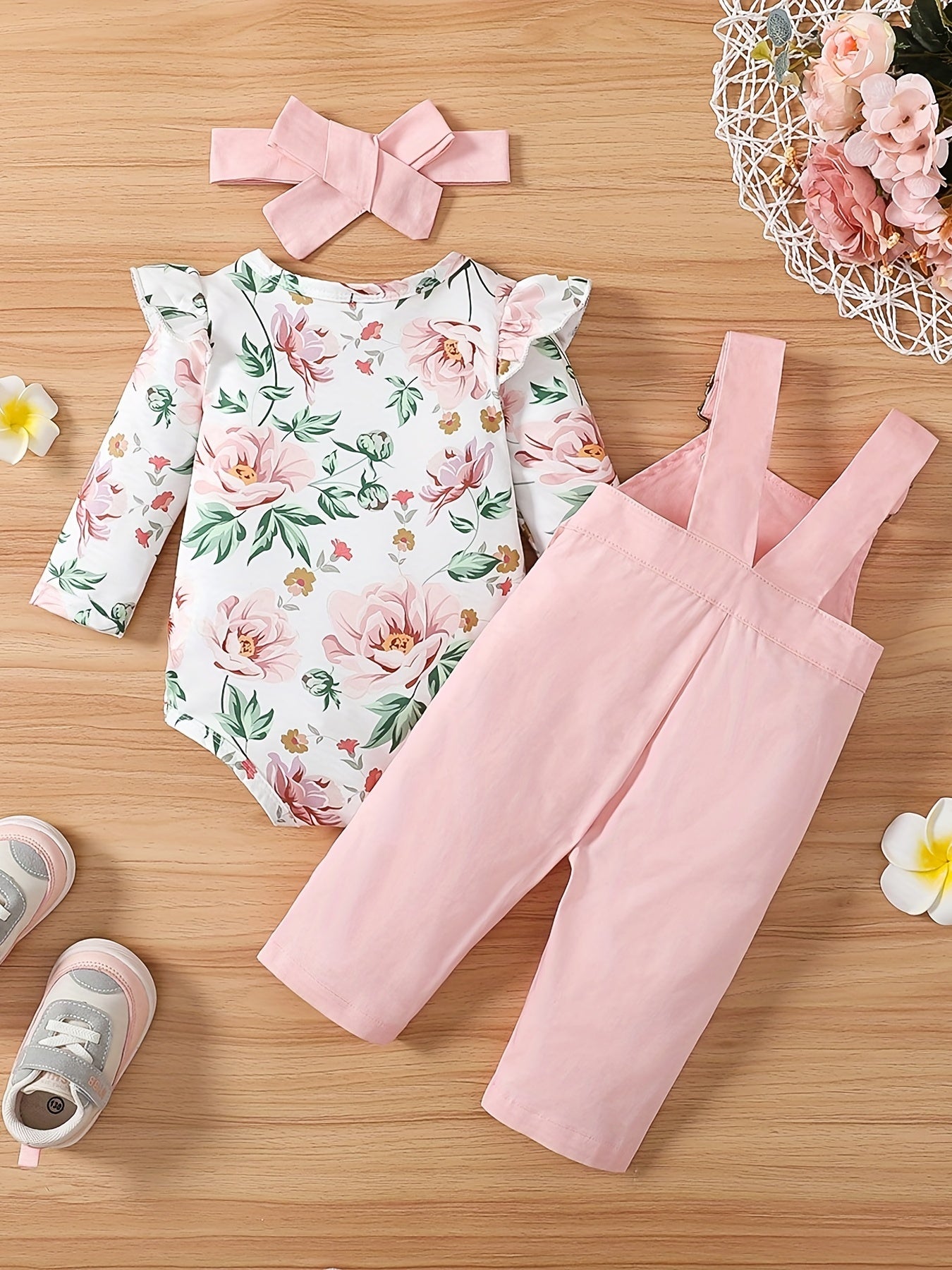 Girls Cotton Outfit Set with Floral Ruffle Romper and Adjustable Strap Pants