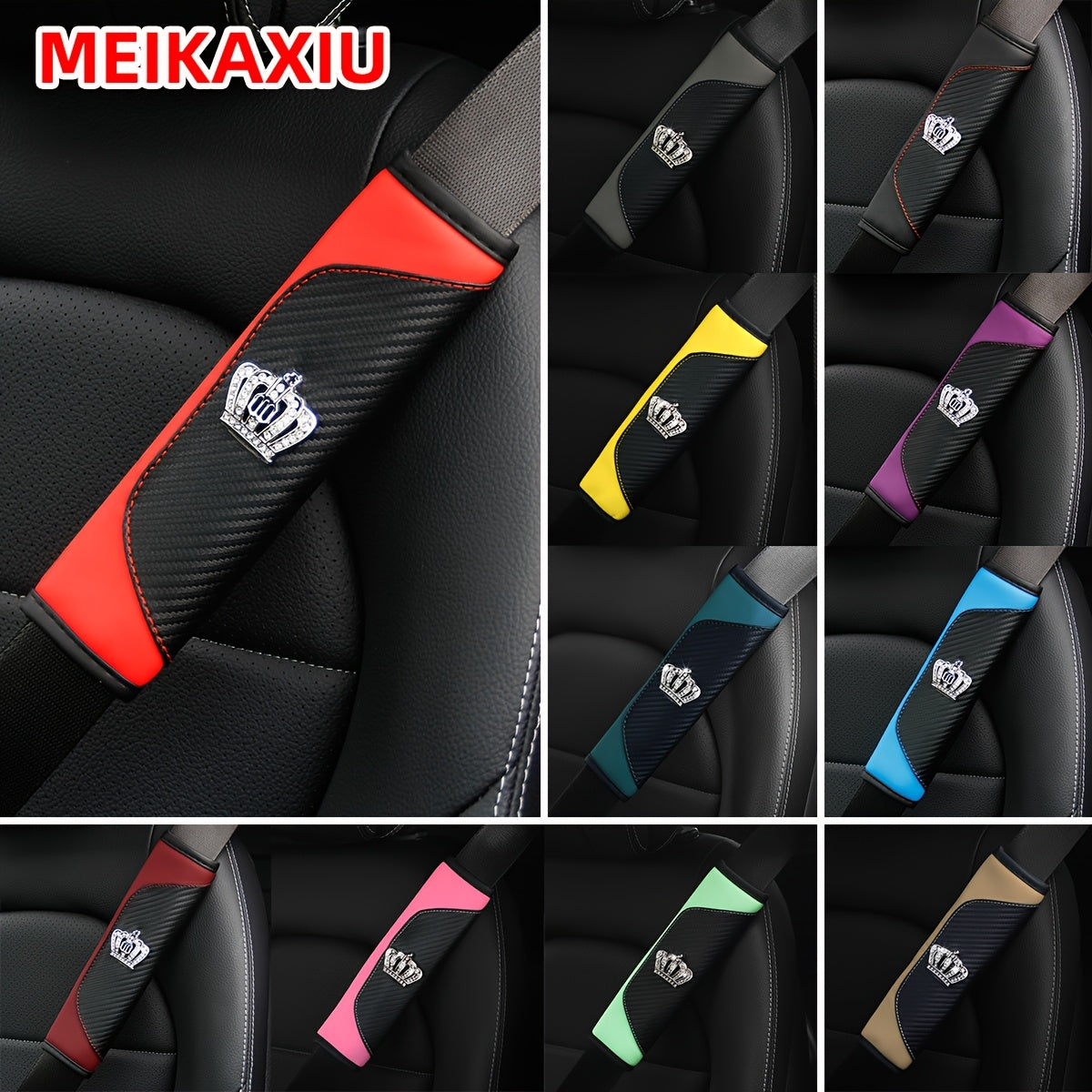 Universal Car Seat Belt Shoulder Pad Premium PU Leather Carbon Fiber Diamond Style