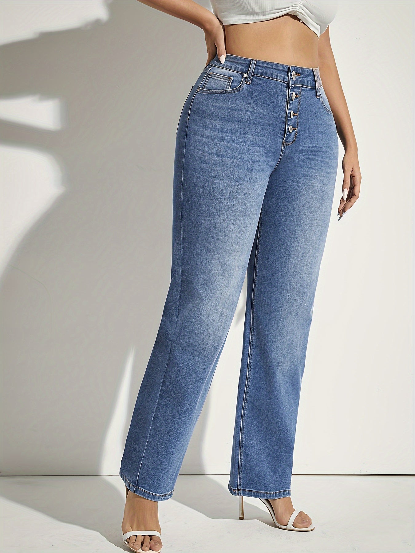 Jeans de mezclilla para mujer de corte recto con alta elasticidad, dobladillo enrollado, para todas las estaciones