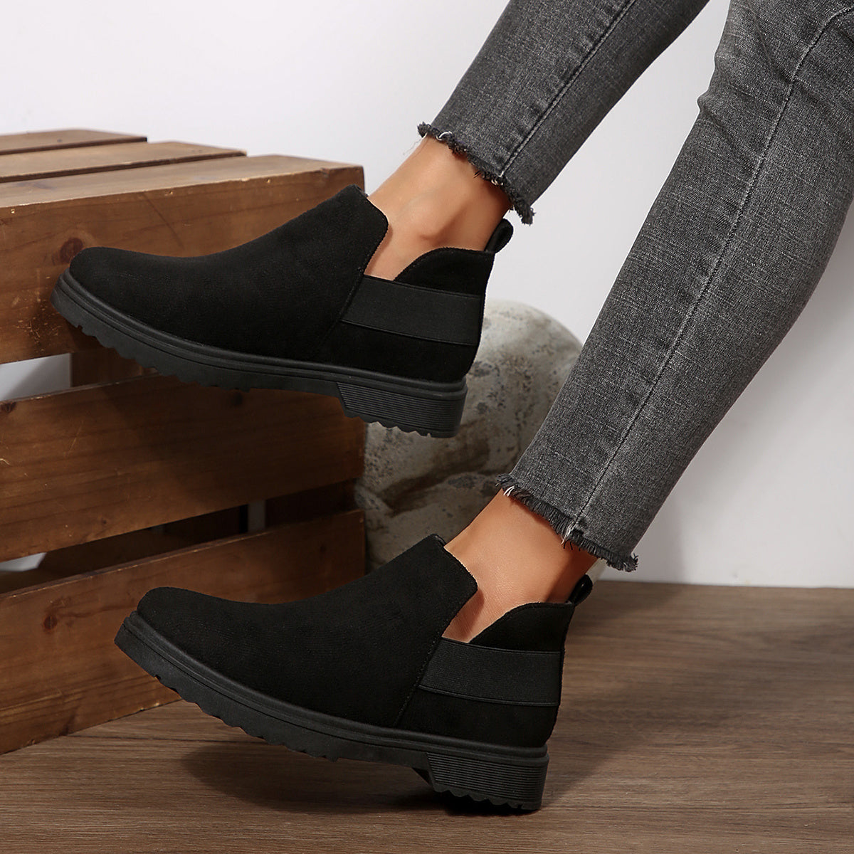 Women's Black Ankle Boots with Elastic Panel Round Toe All-Season Comfort